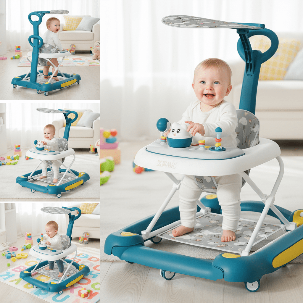 YUCHANG 5-in-1 Baby Walker - Foldable Push Walker,Height Adjustable with Wheels ,for Boys and Girls,6 -24 Months (Green)