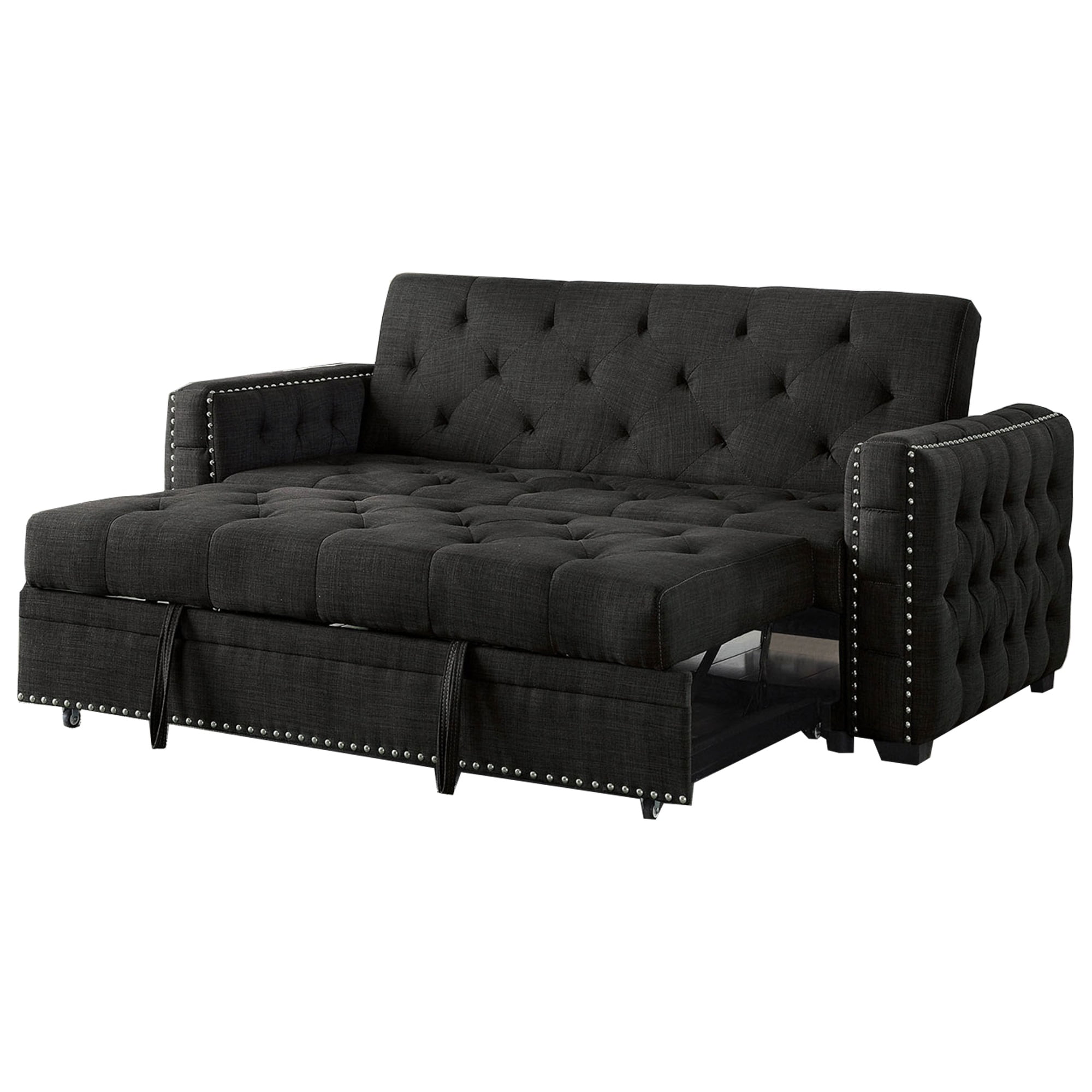 Wooden Futon Sofa with Pull Out Sleeper and Nailhead Trim, Gray