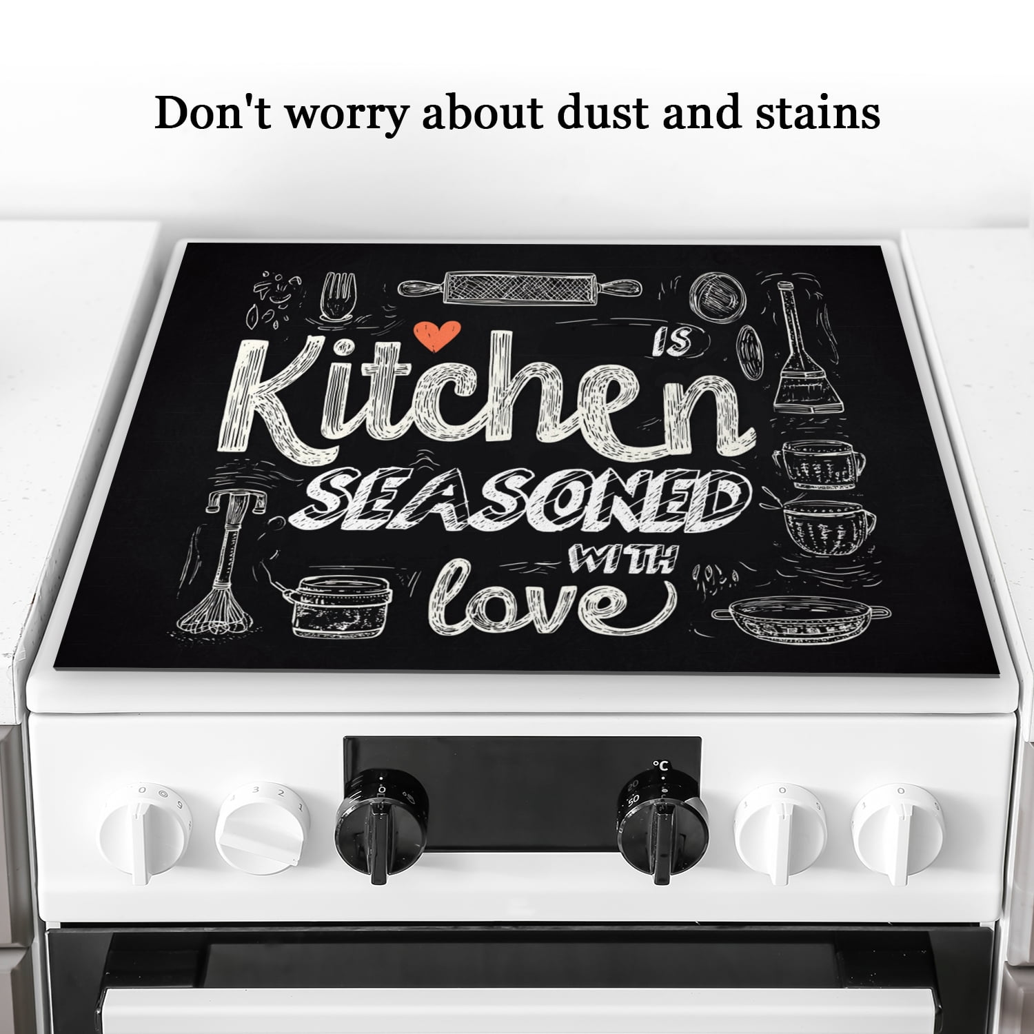 Diatomite Stove Top Covers, Kitchen is Seasoned with Love Kitchen Element Print Scratch-Resistant Glass Stove Protector, Square Foldable Durable Protector Mat for RV (28×20 Inch)
