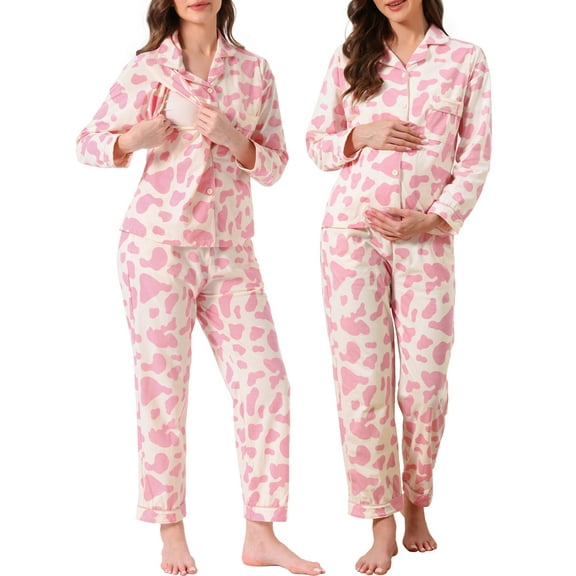 DARING DIVA Nursing Pajama Postpartum Button Down Long Sleeve Set S Pink