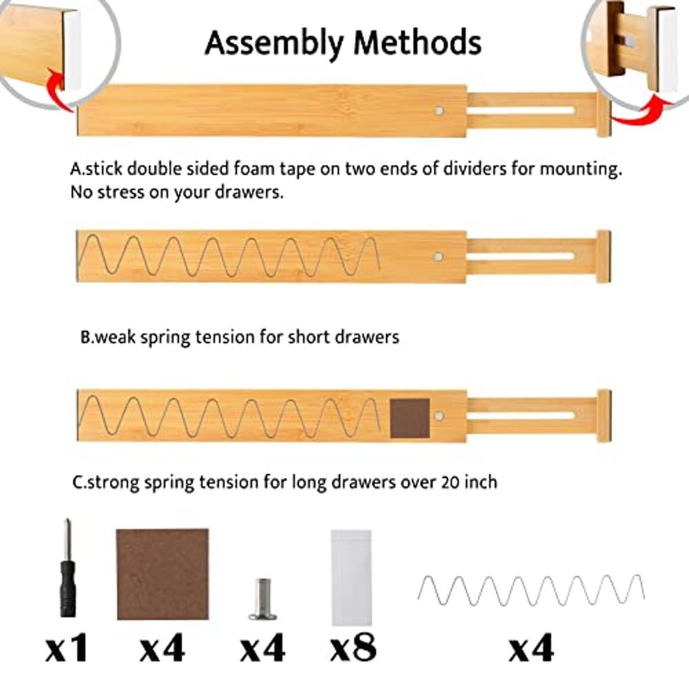 4PC 16.8-21.8 Inches Adjustable Bamboo Drawer Dividers, Expandable Kitchen Drawer Organizer for Large Utensils, Drawer Separators Organizationw