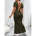 thumbnail image 6 of AURA Plus Size U Neck Backless Bodycon Maxi Dress Short Sleeve High Waist Solid Army Green 1XL 3XL, 6 of 7