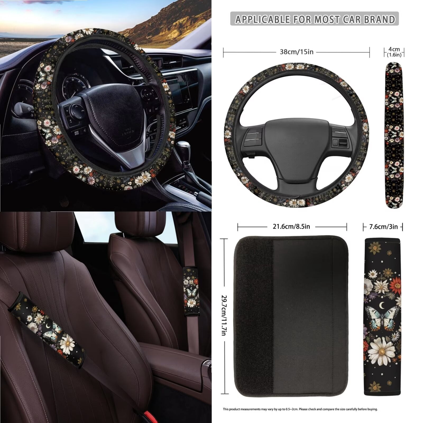 KUIFORTI Butterfly Car Seat Covers Butterfly Accessories for Women Steering Wheel Cover/Seatbelt Shoulder Pads/Keychain/Car Trash Bag/Car Vent Storage Organizer/Coasters/Rear View Mirrow Cover