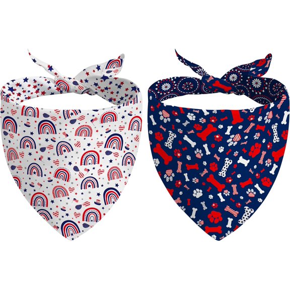 4th of July Dog Bandana Reversible 2 Pack Small, Red White and Blue Bone Rainbow Patriotic Dogs Bandanas Set Adjustable Triangle Holiday Scarves for Memorial Day Small Medium Dogs