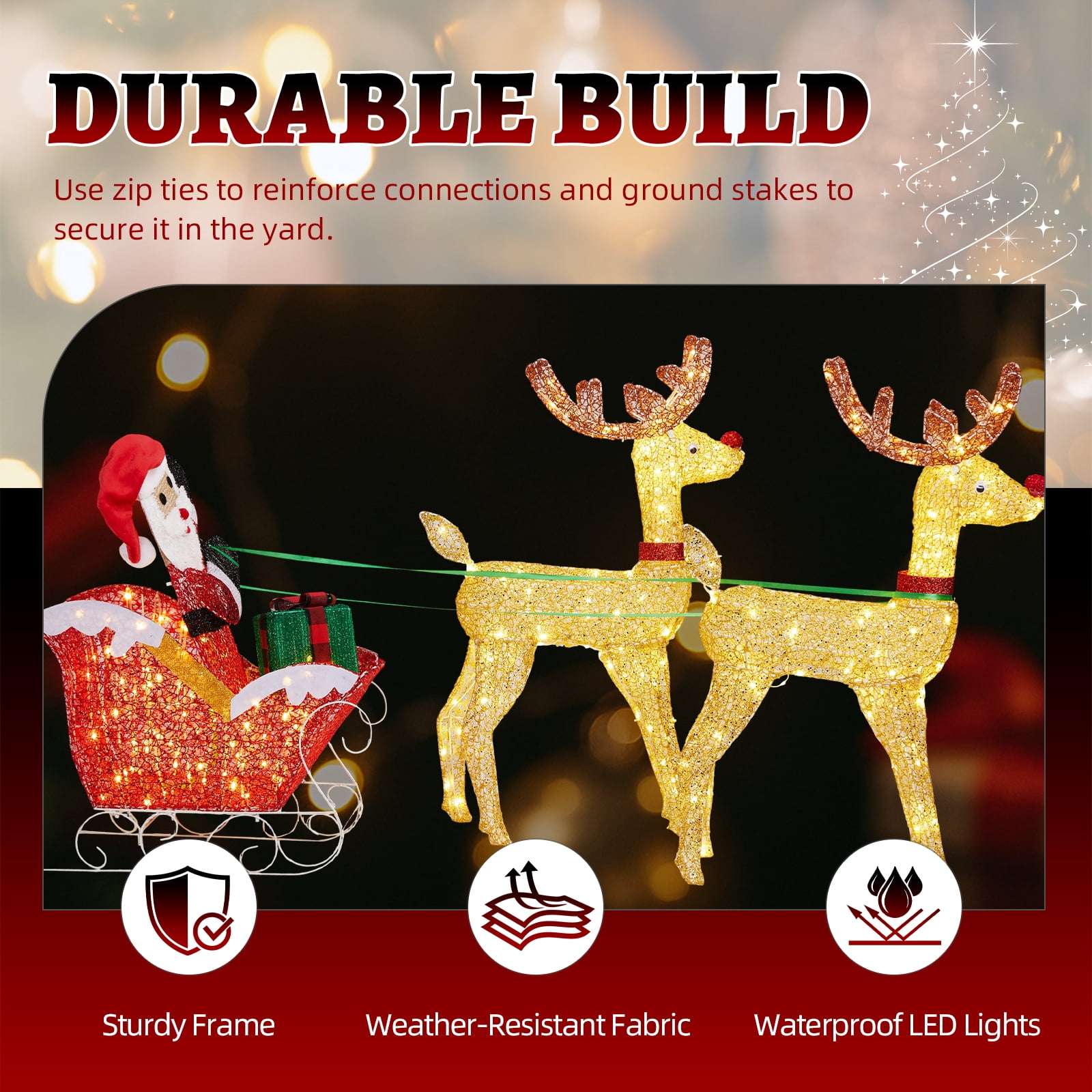 Astoutdoor Lighted Reindeer Pulling Sleigh Christmas Decoration, Pre-lit with 270 Warm White LED Lights, 30V 6W, Indoor Outdoor Holiday Display