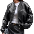 thumbnail image 2 of Womens Faux Leather Bomber Jackets Baseball Collar Zip Up Cropped Biker Coat with Pockets, 2 of 8