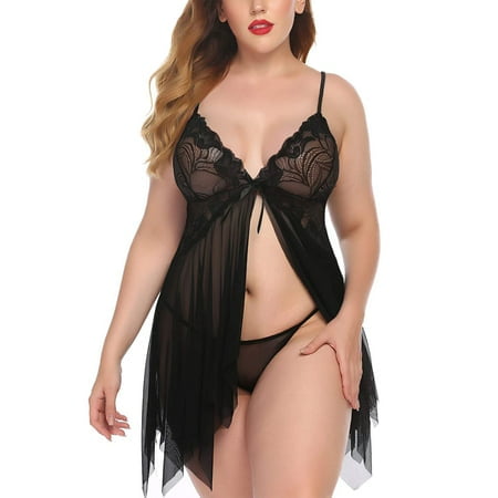 

Chama Plus Size Lingerie for Women Lace Babydoll Sexy Chemise V Neck Mesh Sleepwear