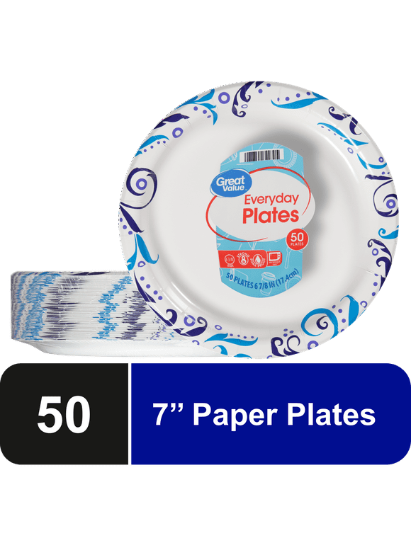 Great Value Everyday Strong, Soak Proof, Microwave Safe, Disposable Paper Plates, 7 in, Patterned, 50 Count
