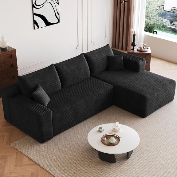 96" Cloud Boneless Modular L Shaped Corduroy Sectional Sofa, Deep Seat 3 Seater Memory Foam Couch, No Assembly for Living Room & Small Apartment(Black, Right Facing)