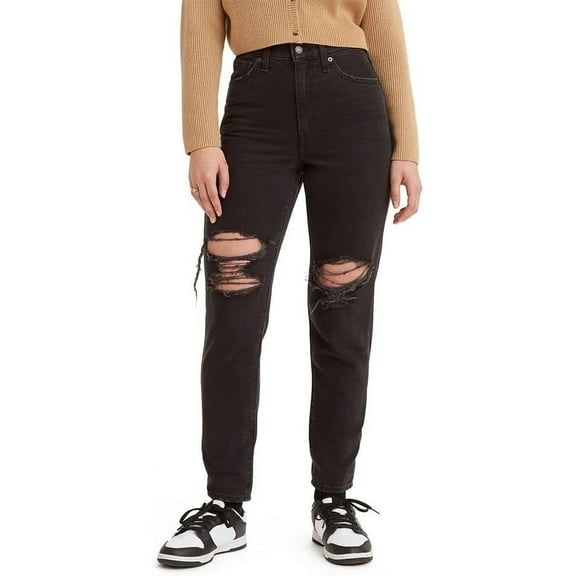 Levi's Women's High Waisted Mom Jeans, Black Destructed, 29 x 27