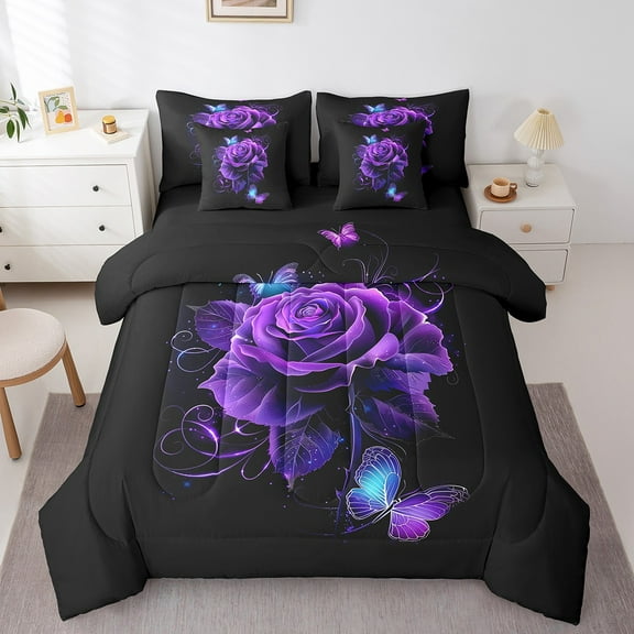 Erosebridal Purple Rose Bedding Sets Twin Size, Flower Floral Bedding Twin Size, Romantic Butterfly Reversible Comforter Sets with Sheets, Lightweight Room Decoration, 7pcs