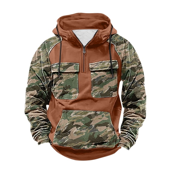 KeShDi T Shirts for Man Long Sleeve Men's Cargo Camouflage Print Multiple Pockets Sports Ditness Training Raglan Long Sleeved Hooded Orange S