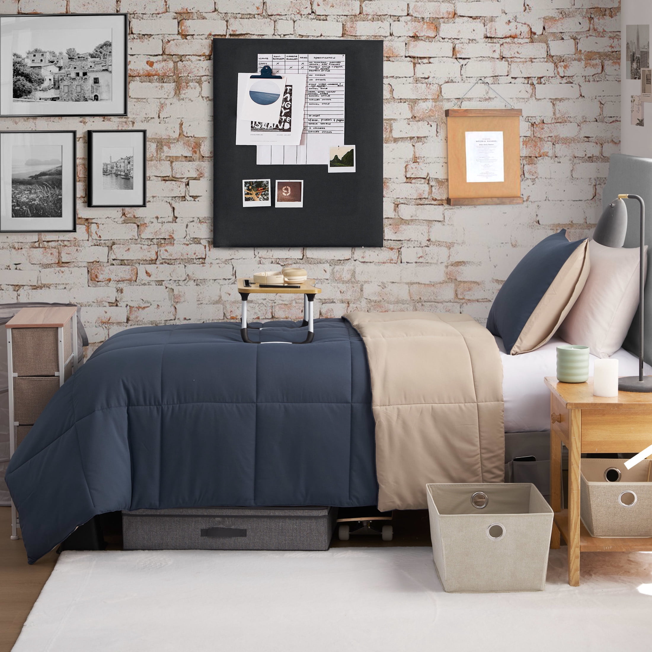 The Sheet Lab Reversible Box Stitch Comforter Set, 3-Piece Full/Queen – Navy Blue/Tan