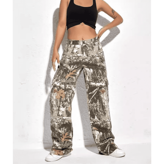 DHXXH Camo Pants Women Casual High Waist Wide Leg Y2K Camouflage Overalls Loose Elastic Waist Straight Jeans(Size:S-XL)