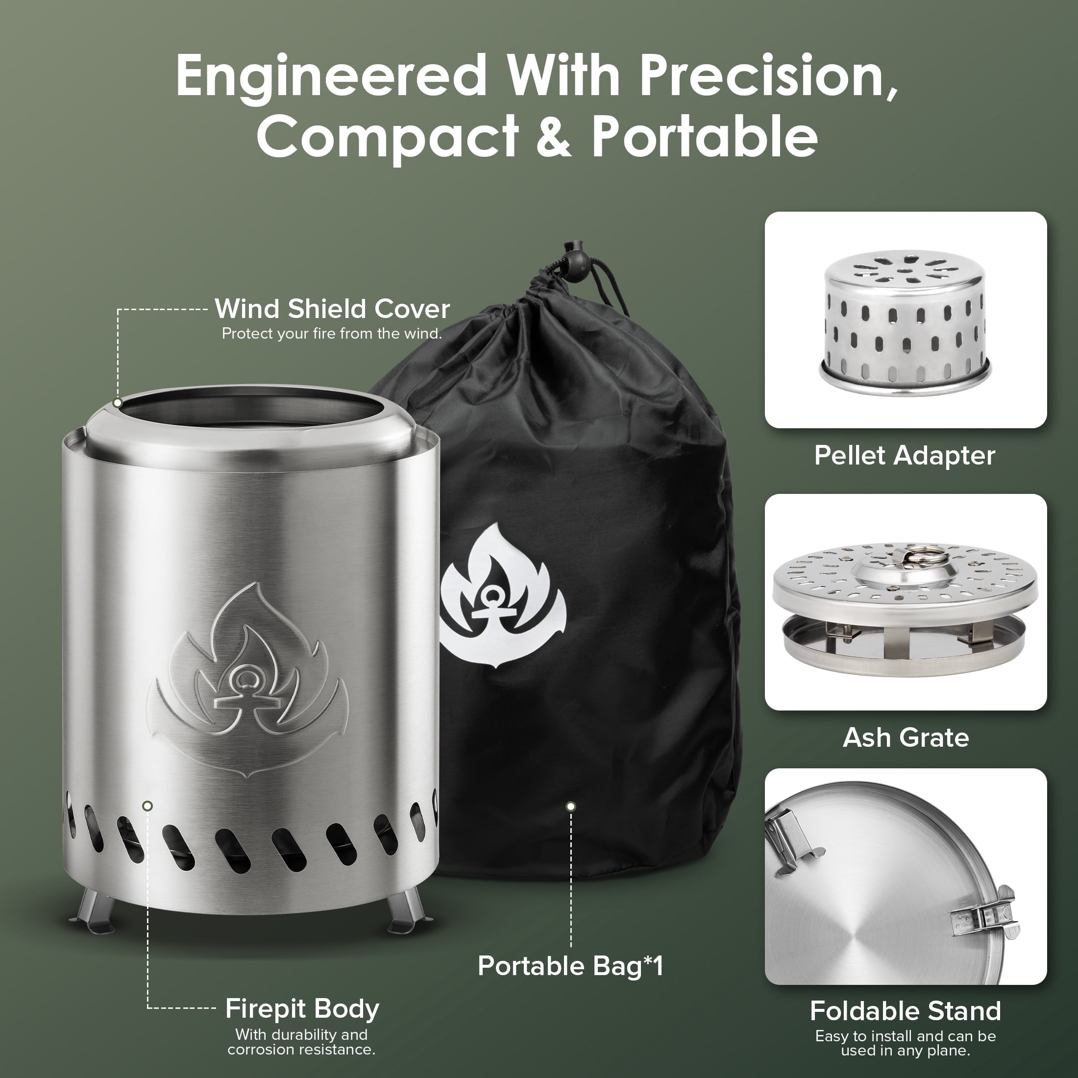 Auseo Tabletop Fire Pit Smokeless Compact & Portable Dual Fuel with Portable Bag, 304 Stainless Steel - Burning, Gardens, Patios