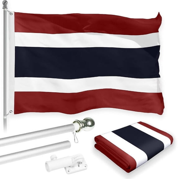 G128 Combo Pack: 6 Feet Tangle Free Spinning Flagpole (Silver) Thailand Thai Flag 3x5 ft Printed 150D Brass Grommets (Flag Included) Aluminum Flag Pole