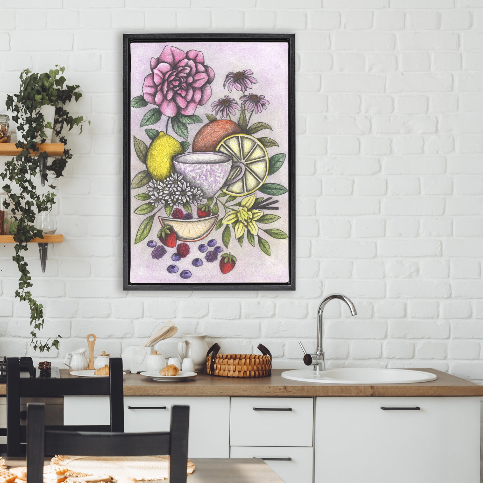 Rococo Tea with Fruits Black Framed Floater Canvas Wall Art, design by Cecilia Battaini