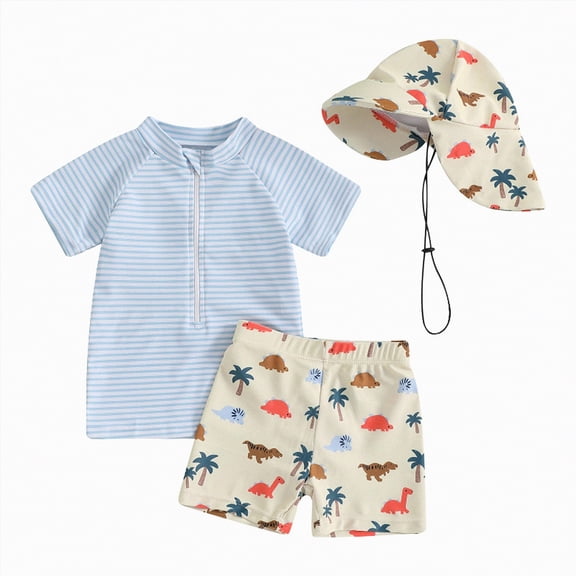 UngA Toddler Baby Boys' 3-Piece Swimsuit Set Short Sleeve Bathing Suit Baby Boy Rash Guard Swimwear with Sun Hat (Blue,2-3 Years)
