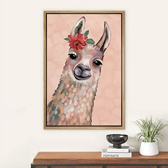 PixonSign Framed Wall Art Watercolor Cute Red Daisy Farmhouse Llama Nature Animals Portrait Artwork Cartoon Oil Paintings Modern Canvas Prints Colorful Fine Art for Rooms - 24"x36" Natural