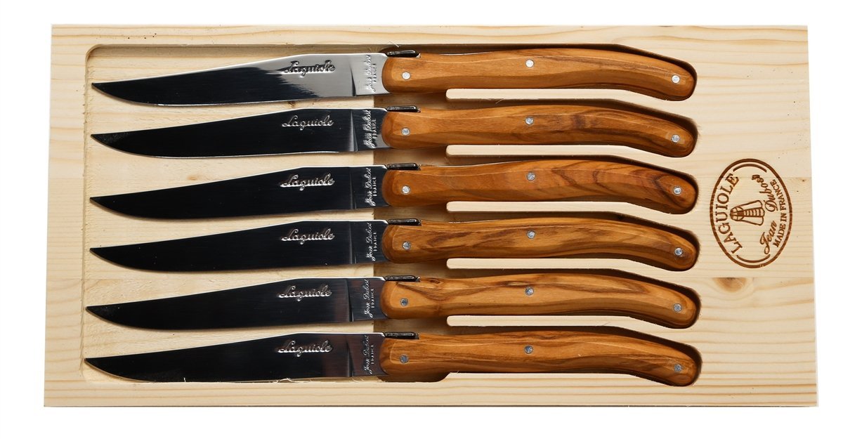 (D) Laguiole French Steak Knives with Olive Wood Handles in a Box