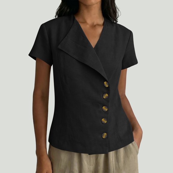 Karymi Womens Blouses Asymmetric Lapel V Neck Wrap Blouse, Short Sleeve Side Button Down Slim Fit Casual Pullover Shirt Top Blouses for Women