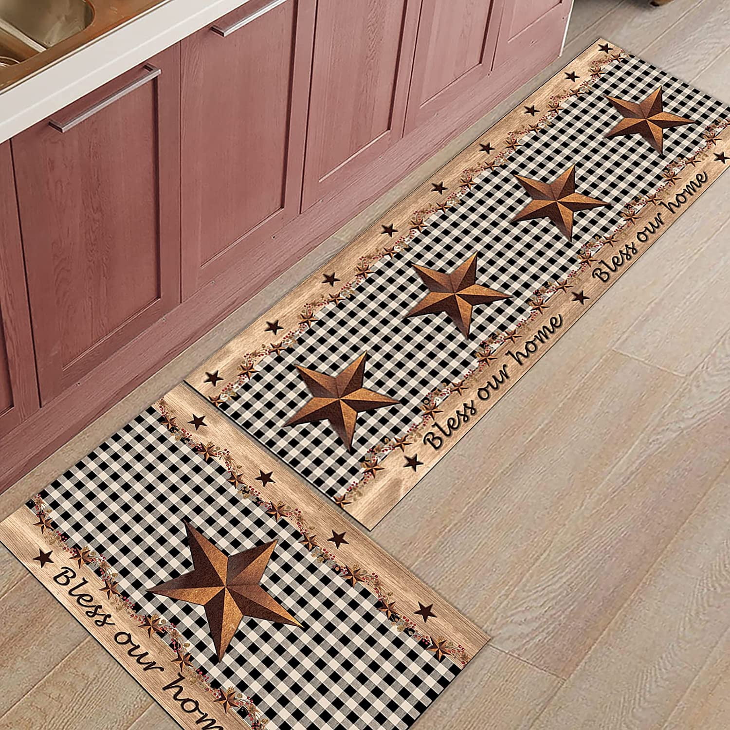 2 Piece Kitchen Rug Set, Farmhouse Black Plaid Non-Slip Floor Mats Absorb Standing Doormat, Vintage Country Star Soft Anti Fatigue Runner Rugs Carpet Sets (18x30+18x48 inch)