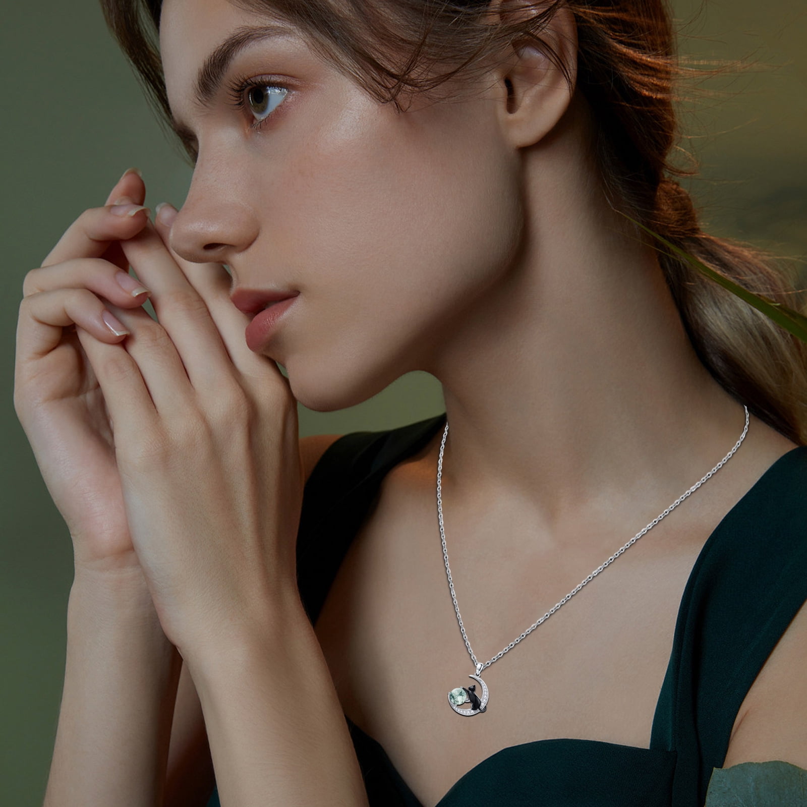 Coachuhhar Cat Necklace 925 Sterling Silver Cute Animal Pendant Necklace Moss Agate Jewelry Gifts for Women