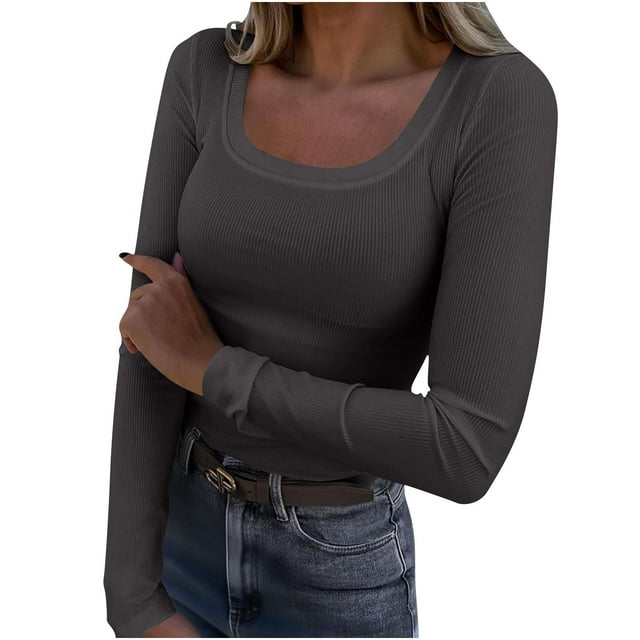 yardsong Haut Côtelé à Manches Longues pour Femmes - Col Rond/carré Ajusté Décontracté Basique Thermique Gris Foncé,TTTG