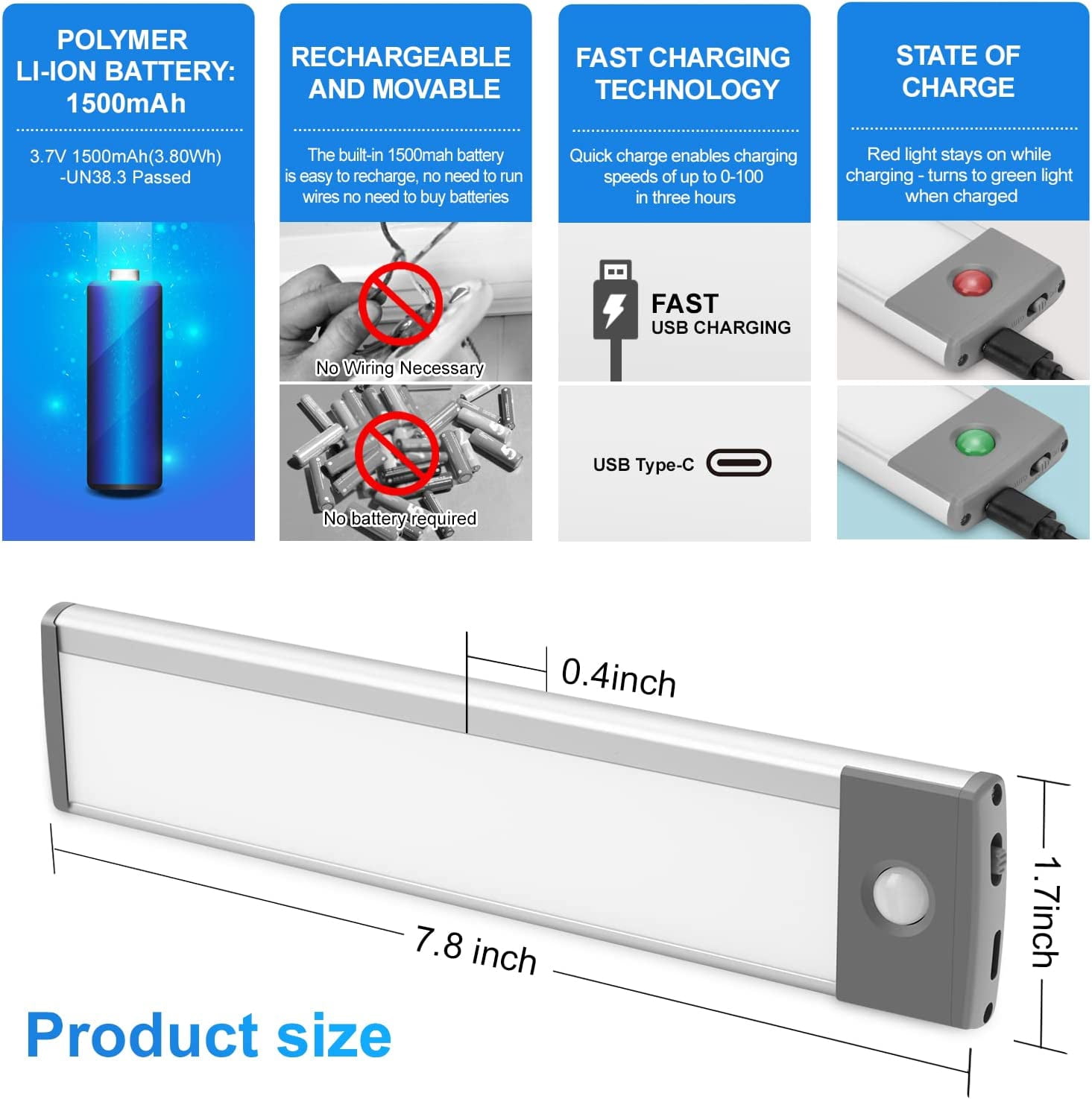 30-LED Under Cabinet Lights,USB Rechargeable Kitchen Cupboard Night Light,Battery Operated Counter Closet Lighting,Motion Detector Light,Wireless Magnetic Motion Activated Light-2Pack