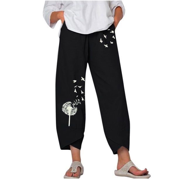 Pantalones estampados de bolsillo de algodón y lino sueltos casuales de verano para mujer Pantalones Pompotops ulkah939031