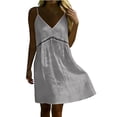 thumbnail image 5 of PRINxy Women's V Neck Spaghetti Strap Short Dress Hollow Out Waist Trim Cotton Linen Casual Summer Dress for Beach Vacation Daily Wear Gray S, 5 of 9
