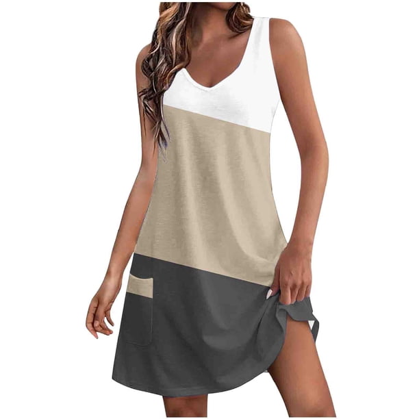 Vestido de Verano para Mujeres sin Mangas Cuello en V con Impresión de Bolsillo, Vestido Casual para Uso Diario Y de Fiesta