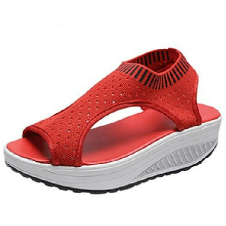 

Women s Platform Sandals Non-Slip Hollow Mesh Sandals Slip On Peep Toe Plus Size Wedge Sandals Indoor Outdoor Ladies Summer Casual Shoes Red 5-5.5