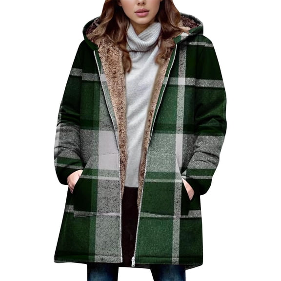 Gamivast Warm Jackets for Women Plaid Winter Zip up Hooded Coats with Pockets Loose Casual Long Sleeve Sherpa Long Jacket Trendy Casual Outerwear