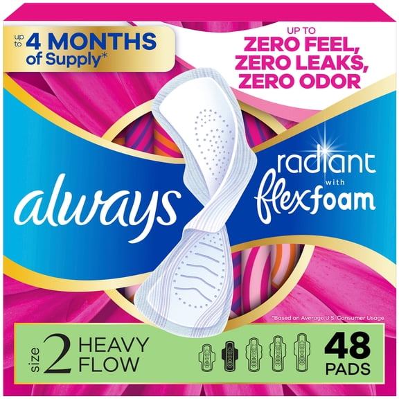 Always Radiant with FlexFoam Pads, Size 2, Heavy, Wings, 48 Count
