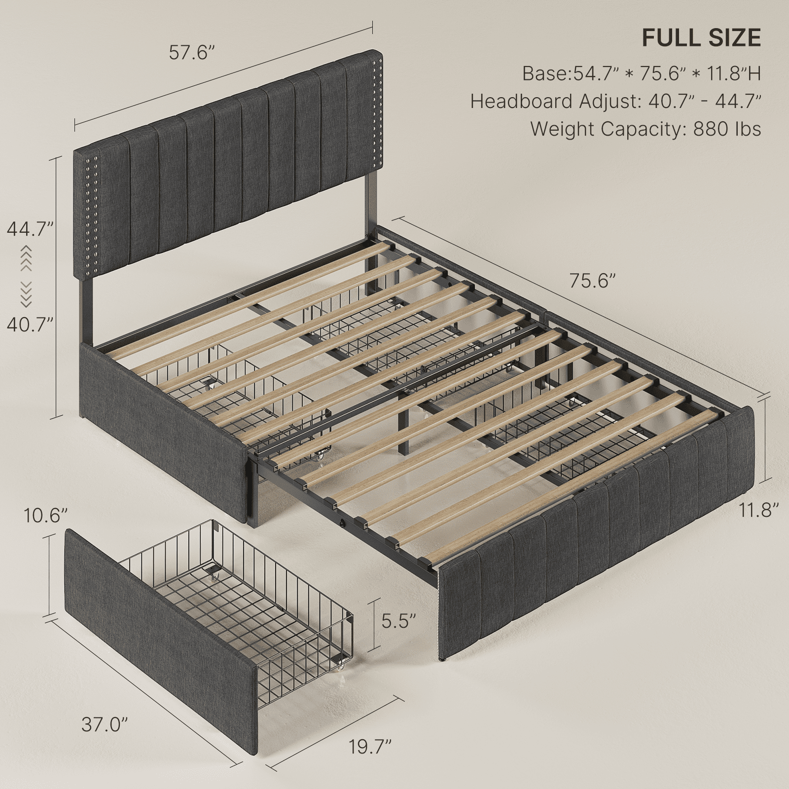 Asofer Full Size Storage Bed Frame w/4 Wheels, Adjustable Headboard & Wood Slats, Dark Gray​