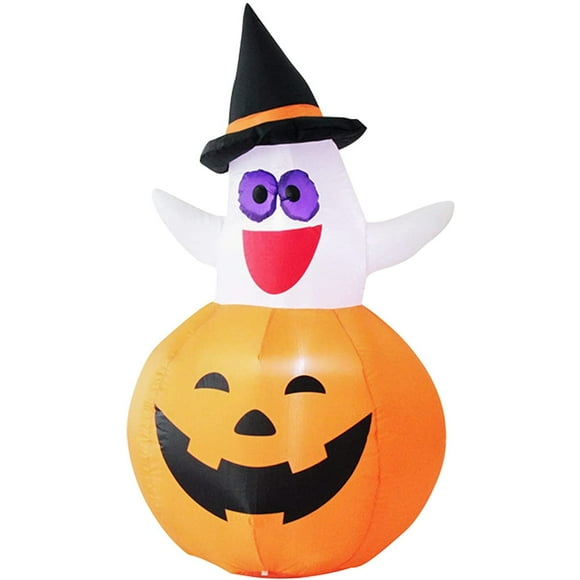 5FT Halloween Inflatable Ghost with Pumpkin, Funny White Ghost in Black Witch Hat, Blow Up Inflatables with Built-in LED Light for Indoor Outdoor Garden Yard Party Decorations