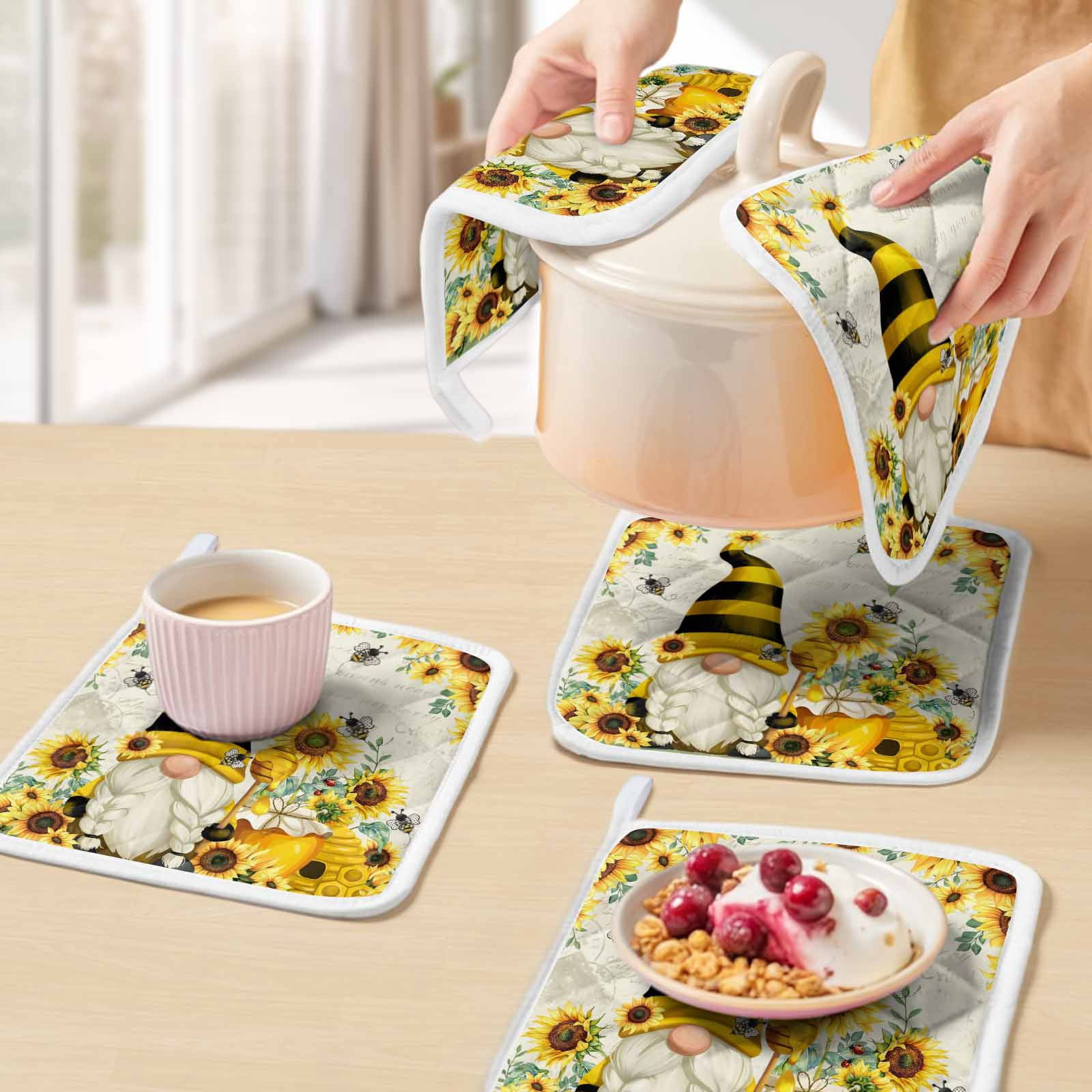 Sunflower Pot Holders for Kitchen Heatproof Potholder, 5 Pack Gnomes Flower Bee Eucalyptus Leaves Farmhouse Hot Pads Multipurpose Oven Pads Cloth Potholders Trivet for Cooking Baking