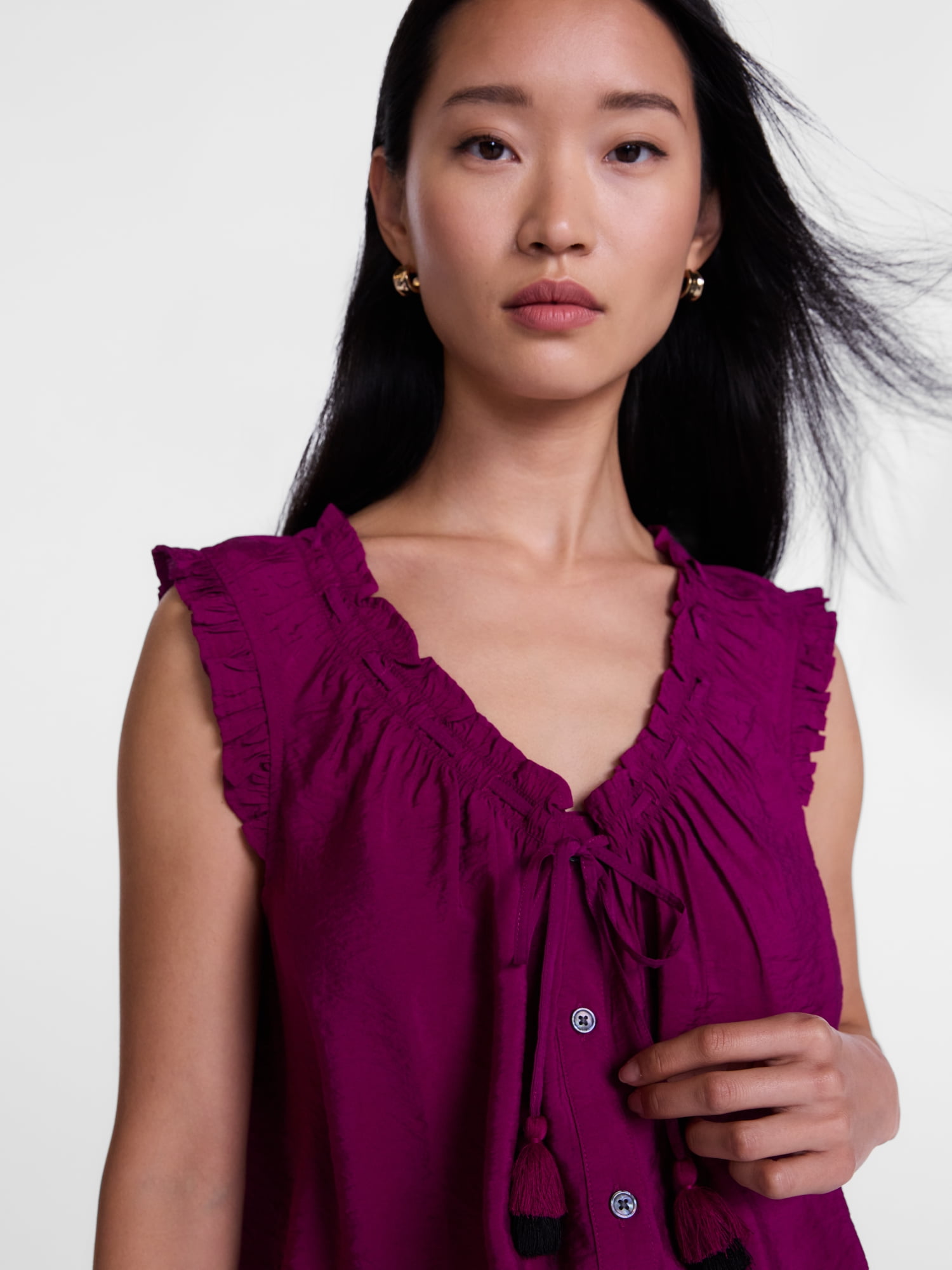 Scenario Women's and Women's Plus Ruffle Neck Tank Top with Tie Front, Sizes XS-4X