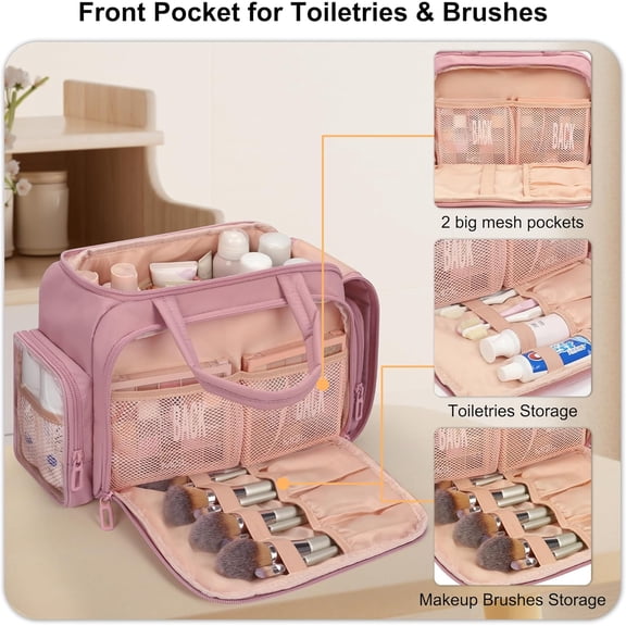 Travel Toiletry Bag for Women, Lightweight Wide-open Cosmetic Travel Bags with 2 Removable Dividers, Large Makeup Organizer with Brushes Board, Multi Pockets for Gym, Daily, Pink