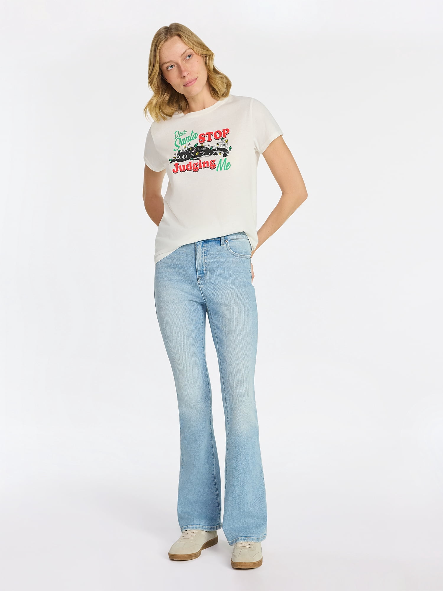 Christmas Women's Stop Judging Santa Graphic Tee with Short Sleeves, Sizes XXS-XXL