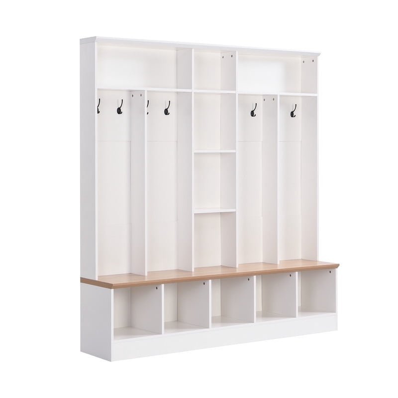Modern Hall Tree with Storage Bench, Entryway Coat Rack with 8 Hooks, Shoe Cabinet with 5 Cube Compartments and Shelves, Multifunctional Mudroom Organizer for Entryway, Hallway, Living Room