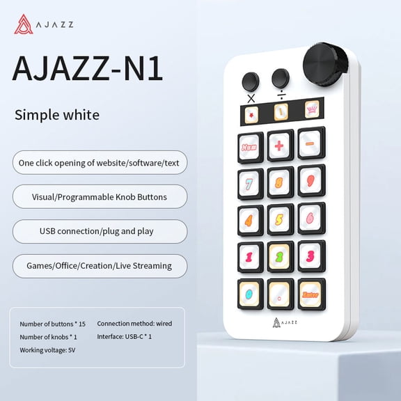 AJAZZ N1 Programmable Macropad, 15 Custom Macro Keys with Rotary Knob, USB‑C Wired Visual Control Panel for Streaming, OBS, Content Creation, Office Work