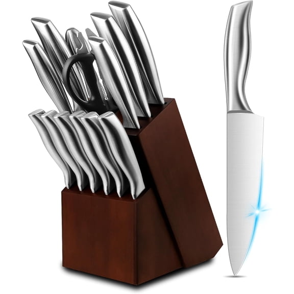 Kitchen Knife Set,15-Piece Knife Set With Block Wooden,Self Sharpening For Chef Knife Set,High Carbon Japan Stainless Steel Hammered Collection Knife Block Set with Steak Knives, Boxed Knife Set