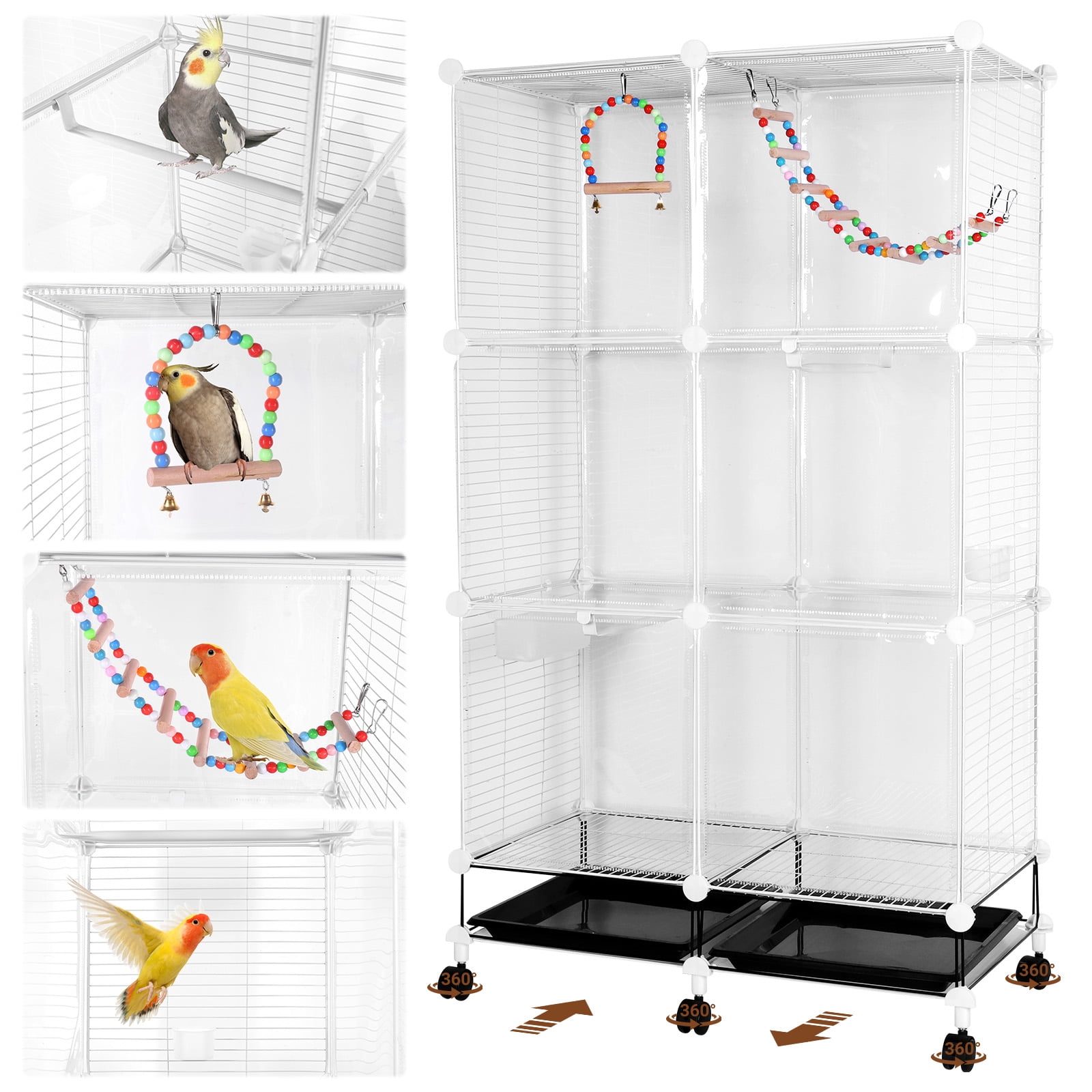 Qiyester Bird Cages Portable Large Metal Birdcage with Wheels Food Water Bowls for Parakeet, Lovebirds, Ringneck, Cockatiels (White)