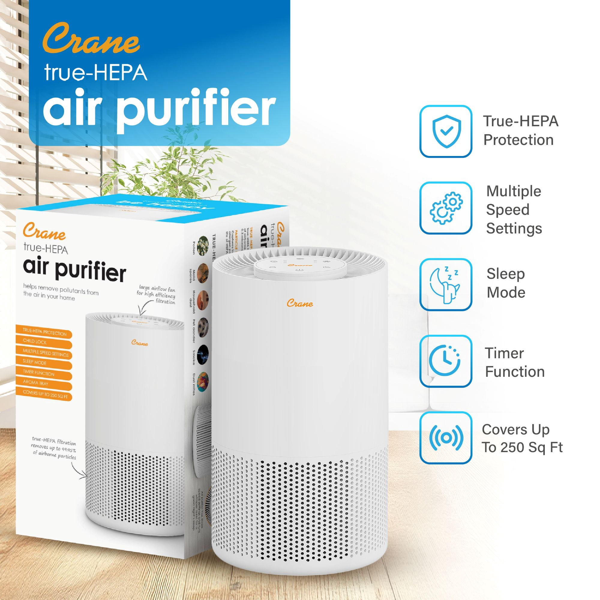 Crane True HEPA Air Purifiers for Home, Up To 250 Sq Ft, with Sleep Timer, Child Lock, Aroma Tray