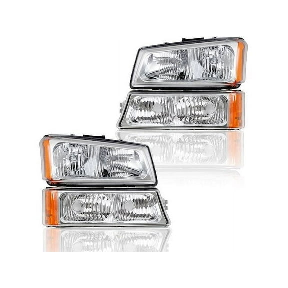 Headlight and Turn Signal Light Assembly - Set of 2 - with Chrome Bezel - Compatible with 2003 - 2006 Chevy Silverado 1500 2004 2005