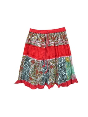 Mogul Womens Skirts Bohemian Red Patchwork Cotton Crinkle Skirt