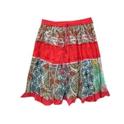 Mogul Womens Skirts Bohemian Red Patchwork Cotton Crinkle Skirt