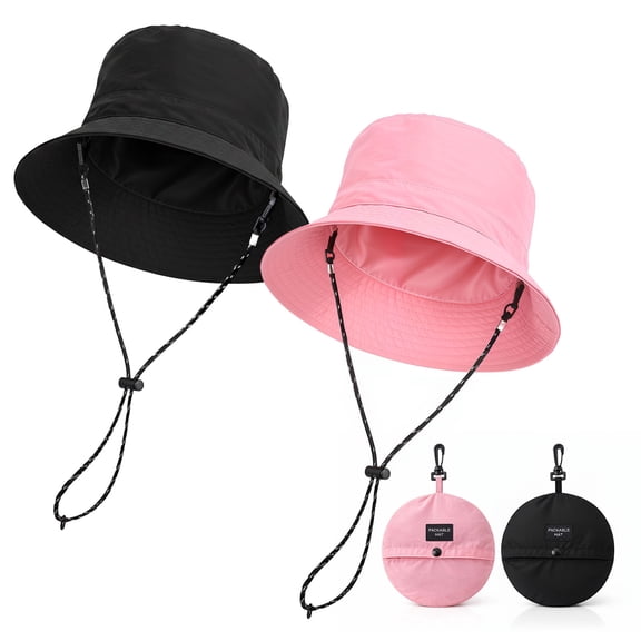 Bocaoying 2 Pack Unisex Waterproof Bucket Hats for Men Women, UPF 40 , Packable Outdoor Sun Hat, Black & Pink
